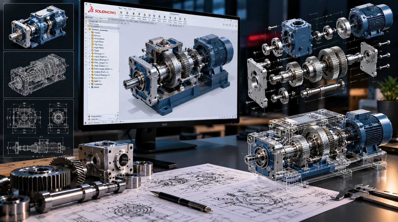 SolidWorks gearbox assembly beside an exploded gear train, technical drawings, and machined housings, shafts, and gears.