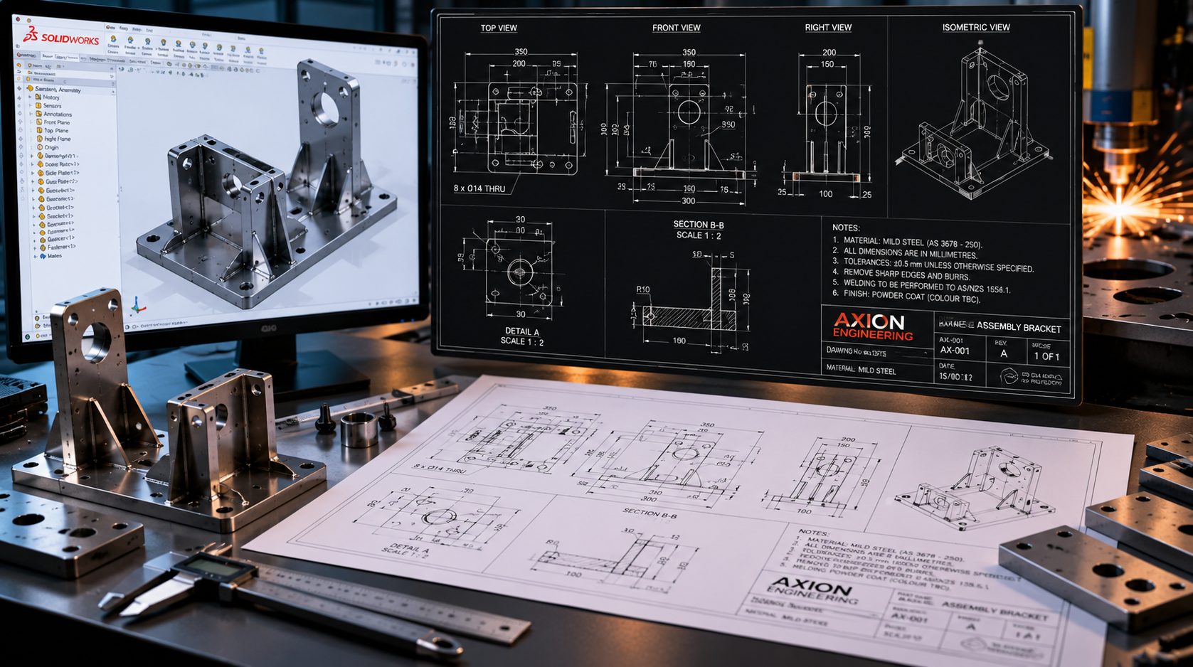 Manufacturing drawing of a mild-steel assembly bracket, with the CAD model, cut steel parts, and a laser cutter in the workshop.
