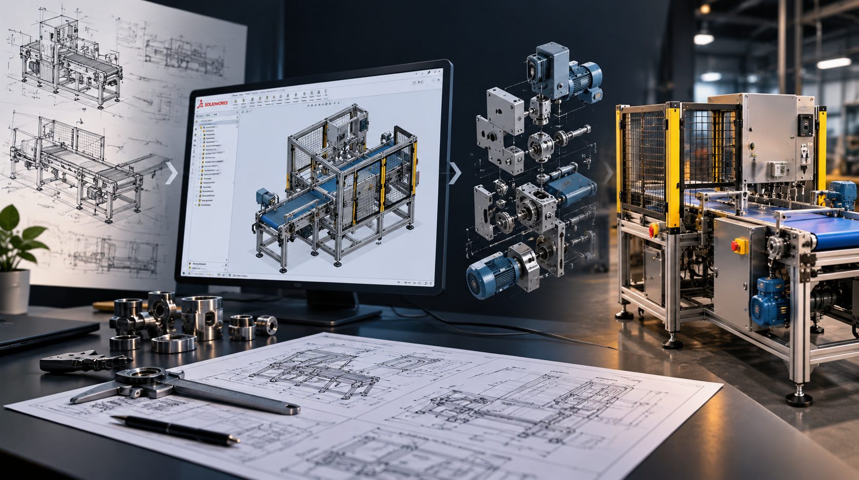 Workflow from engineering sketches of a guarded conveyor, through a SolidWorks model and exploded assembly, to the finished machine.