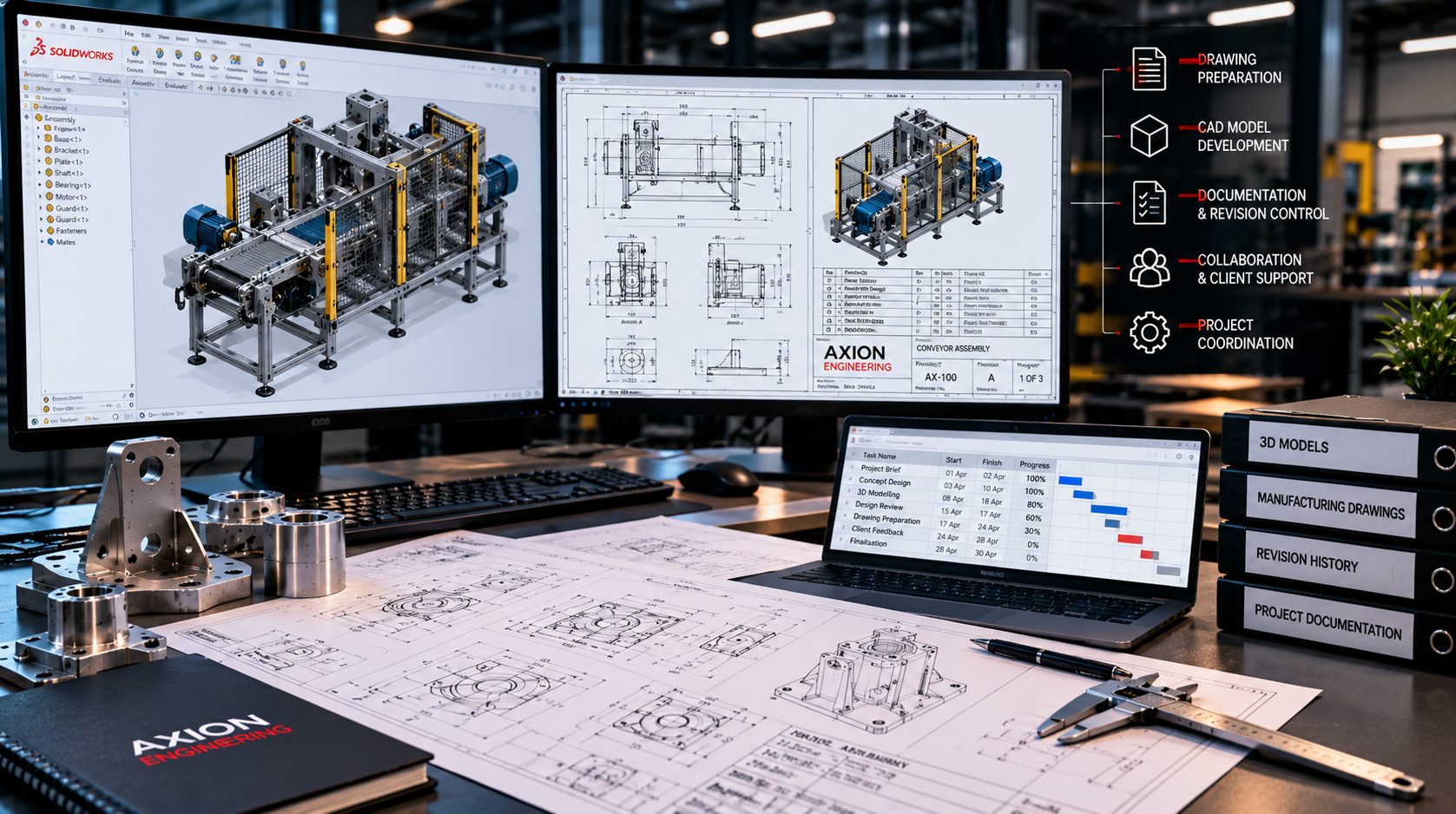 Engineering workspace showing a conveyor assembly model, manufacturing drawings, a project schedule, and binders for models, revisions, and project documentation.