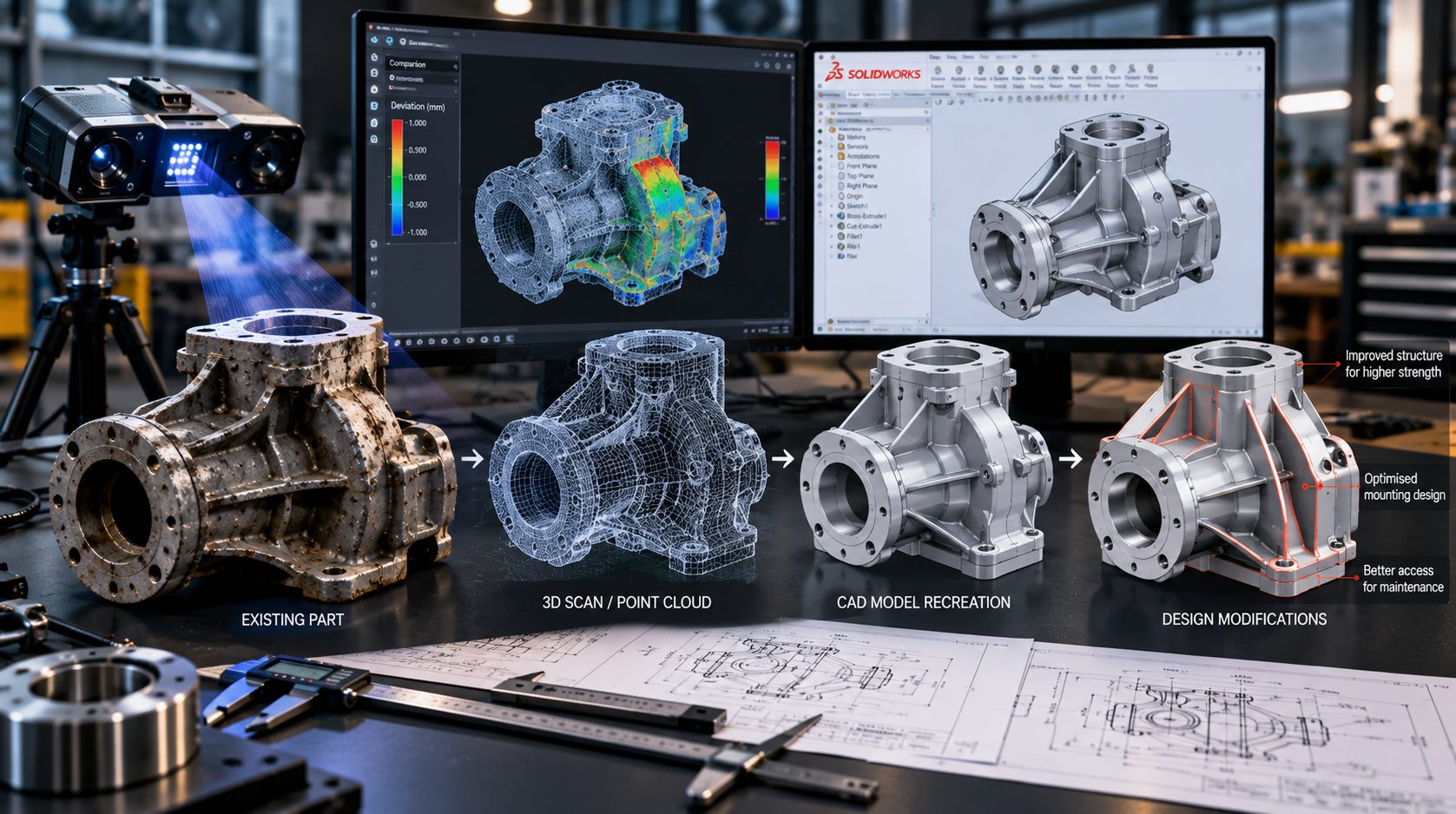 A worn cast housing progressing from the existing part through a 3D scan and CAD recreation to a modified design with a stronger structure and clearer maintenance access.